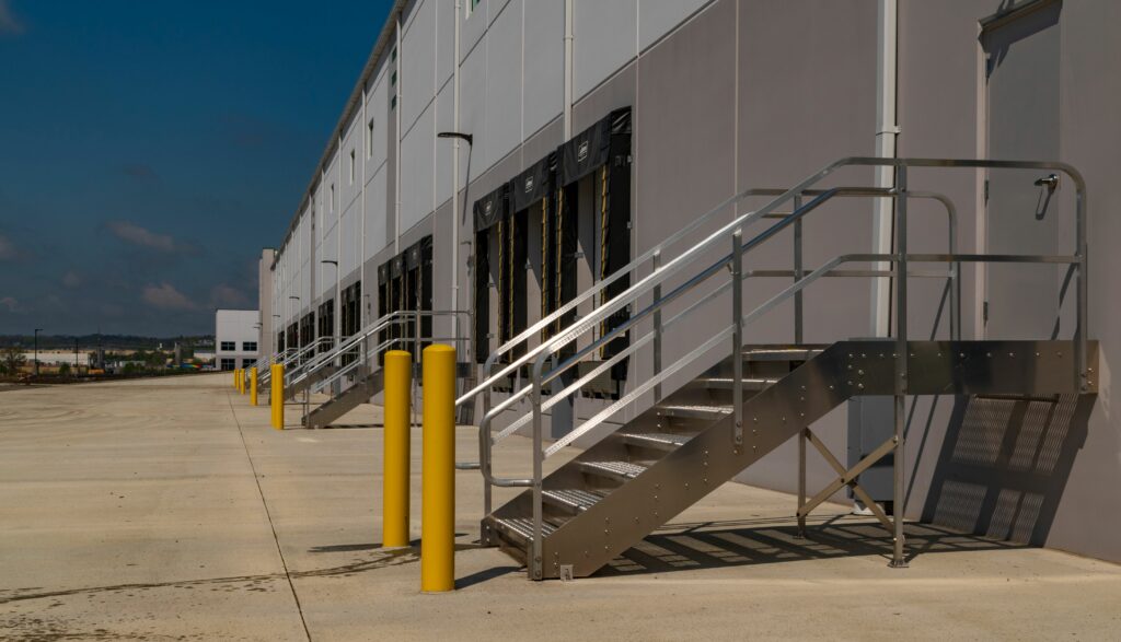 Dock stairs along a building all in a row