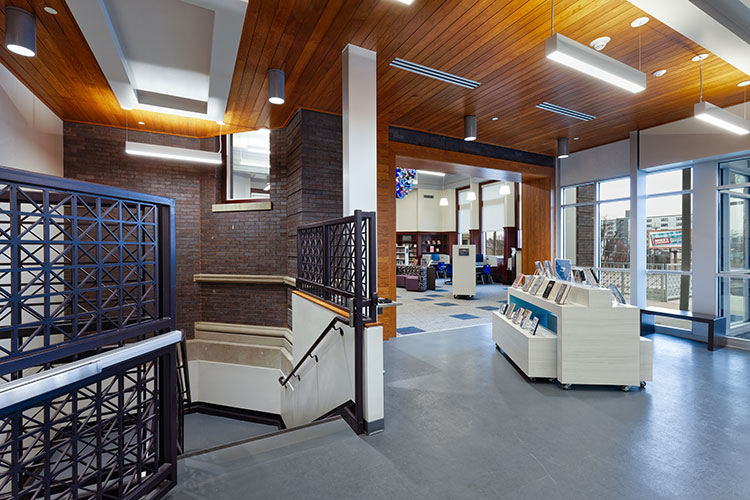 Image inside of library showing railings and interior design