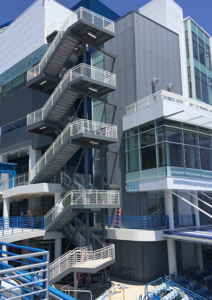 Five story outdoor staircase at ATP tennis stadium.